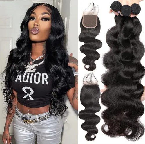 Miniatura 28 de Paquetes de Ondas Corporales con Cierre para Mujeres Negras (10 12 14+10) 100% Cabello Humano Brasileño de Ondas Corporales Sin Procesar 3 Paquetes