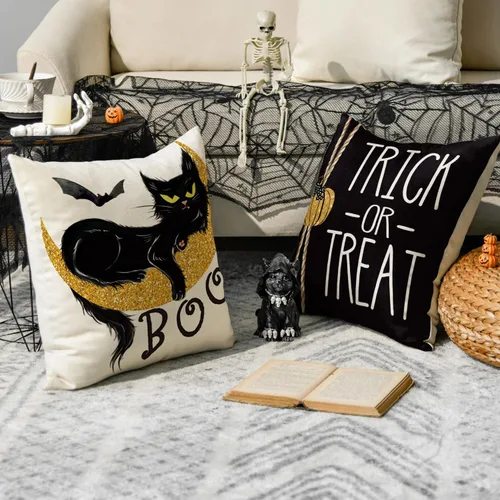 Miniatura 3 de AVOIN colorlife Happy Halloween Boo - Juego de 4 fundas de almohada con diseño de gato negro, 18 x 18 pulgadas, diseño de murciélago de calabaza