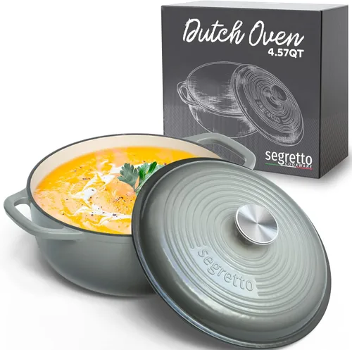 Segretto Cookware Horno holandés de hierro fundido esmaltado con tapa, 4.57 cuartos de galón, Grigio Scuro (gris degradado) Horno holandés de