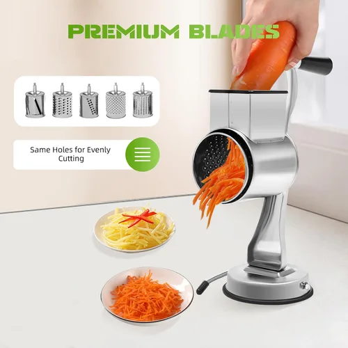 Miniatura 3 de Rallador giratorio de verduras 5 en 1 de acero inoxidable, cortador de patatas, rallador de queso para encimera, triturador manual de cocina