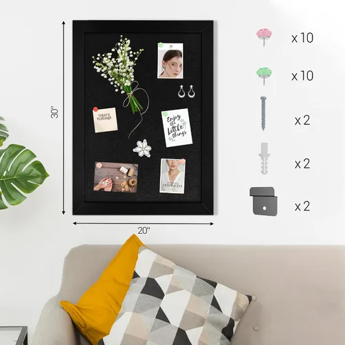 Miniatura 6 de Tablero de anuncios de corcho negro con lino, tablero de corcho negro con marco de madera de 30 x 20 pulgadas, tablero de oficina para decoración