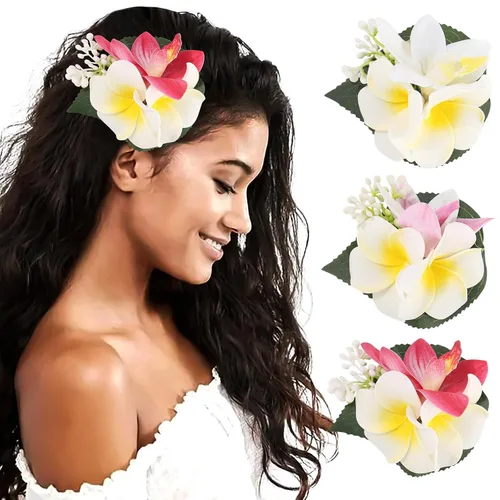 Miniatura 10 de HAIMEIKANG - Pinza para el pelo, 3 piezas de horquillas de flores hawaianas - Accesorios de cabello con flores tropicales artificiales para mujeres