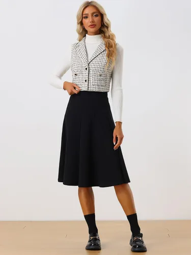 Miniatura 3 de Allegra K Chaleco a cuadros con solapa con muescas vintage sin mangas Tweed Crop Jacket