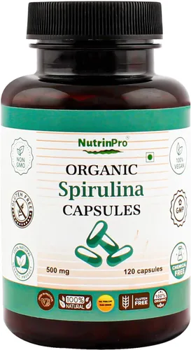 NUTRINPRO Cápsulas de espirulina orgánica USDA - Suplemento vegano 100% puro, sin OMG, sin gluten, sin químicos, (120)