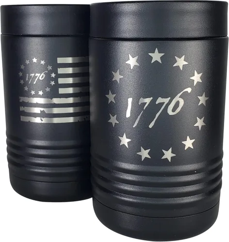 Betsy Ross - Enfriador de latas aislado de acero inoxidable de doble pared con bandera y bandera estadounidense, capacidad para latas de 12 o 16