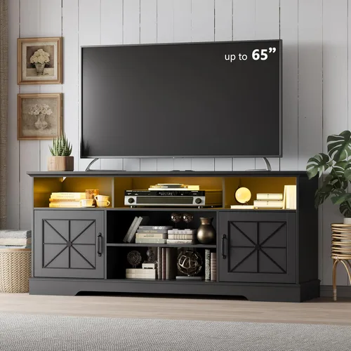 Miniatura 9 de Soporte de TV estilo granja para televisores de 65/60/55 pulgadas, centro de entretenimiento rústico con gabinetes de almacenamiento y puertas Negro