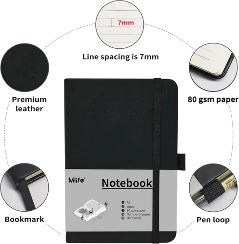 Miniatura 4 de Mlife A6 Cuaderno Pequeño de Diario, Cuaderno Forrado con Compartimento Interior y Soporte para Bolígrafo, Cuaderno Mini de Tapa Dura, 192 Páginas