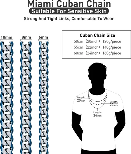 Miniatura 4 de YAMI Cadena de eslabones cubanos para hombre, azul/negro/oro de 14 quilates, acero inoxidable de 0.394-0.472 in de grosor, collar de cadena