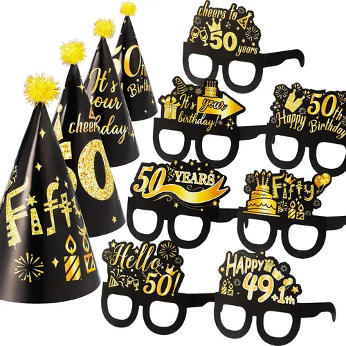 26 piezas de decoración de fiesta de cumpleaños número 50, kits de gafas y sombreros, gafas y sombreros de papel temáticos negros y dorados,