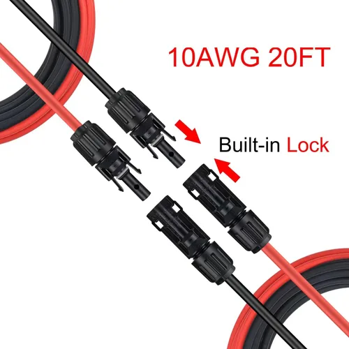 Miniatura 3 de Cable de extensión solar de un par (20 pies 10 AWG) Cable de panel solar con conectores hembra y macho (20 pies rojo + 20 pies negro)
