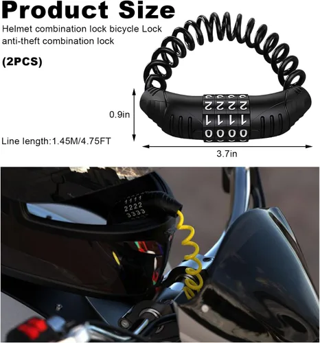 Miniatura 2 de KVAEY 2 candados de cable para casco de motocicleta, antirrobo con código de combinación digital de 4 unidades, bloqueo de cable retráctil