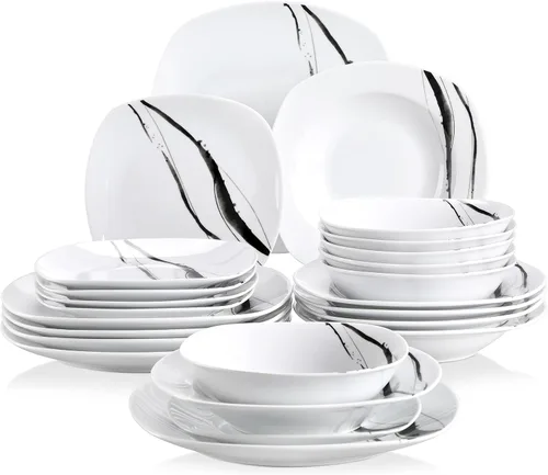 Miniatura 17 de VEWEET, Serie Fiona - Juego de vajilla de 30 piezas para 6 personas, blancos con rayas negras y grises, vajilla de porcelana de platos de postre
