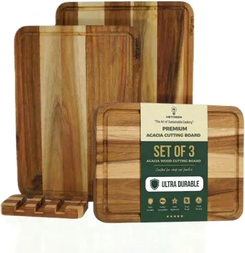Miniatura 2 de Juego de 3 tablas de cortar de madera de acacia con soporte (16 x 12 pulgadas, 14 x 10 pulgadas, 12 x 8 pulgadas), charcutería de grano de borde