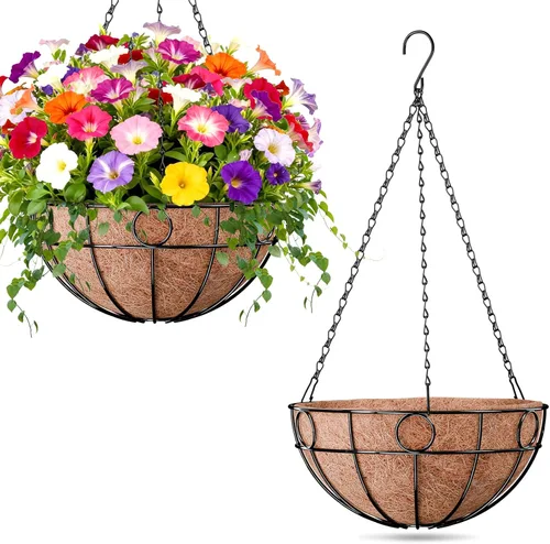 ZeeDix Paquete de 2 cestas colgantes redondas para plantas al aire libre, cesta de alambre de metal de 12 pulgadas con forro de coco, macetas