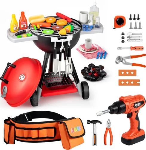JOYIN Juego de 34 juguetes de cocina y 32 piezas de herramientas para niños, juego de parrilla de barbacoa de juguete, juego de juguetes de cocina,