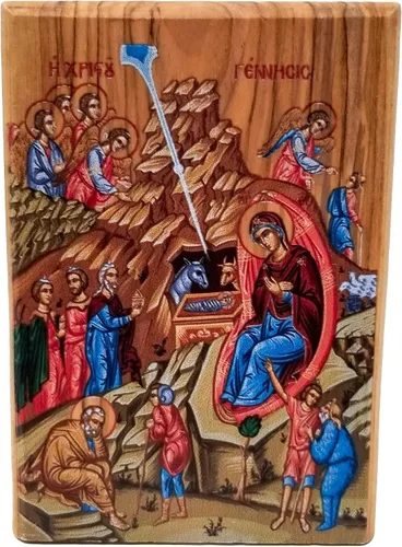 Miniatura 5 de Icono de la Virgen María Reina del Cielo de Israel, decoración de madera de olivo de Tierra Santa, placa de madera religiosa de pie sagrada, arte