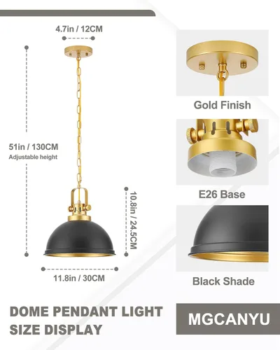 Miniatura 6 de Paquete de 2 Lámparas Colgantes Negro Dorado, Luces Colgantes de Metal Estilo Granja Modernas Negro Mate Cúpula Accesorio de Iluminación Industrial