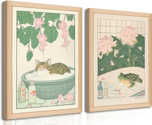 Juego de 2 lienzos japoneses enmarcados para pared de baño con gatos y ranas, marco de madera, impresiones abstractas de naturaleza para decoración