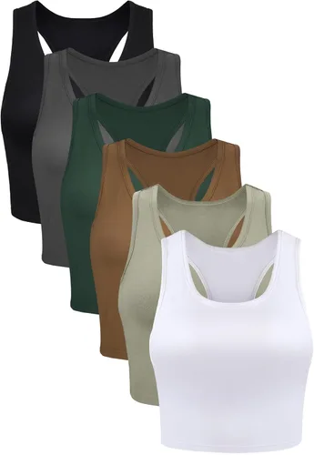 Miniatura 8 de 6 piezas de camisetas básicas sin mangas con espalda cruzada deportivas, cortas, para mujeres y niñas, uso diario