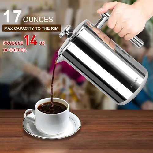 Miniatura 2 de Secura - Cafetera de prensa francesa de acero inoxidable 304 con 2 filtros adicionales Plateado