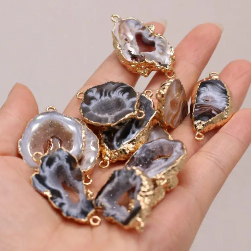 Miniatura 5 de 4pcs Conector de piedra natural forma irregular ágata chapado en oro tamaño de joyería 28x40-1.102x1.969 in, Piedra, vidrio aventurina