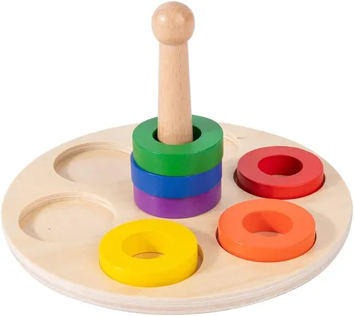 Miniatura 8 de Adena Montessori Anillo de madera para apilar y clasificar con 6 anillos de clavija, anillos apilables de arco iris de madera, juguetes apiladores