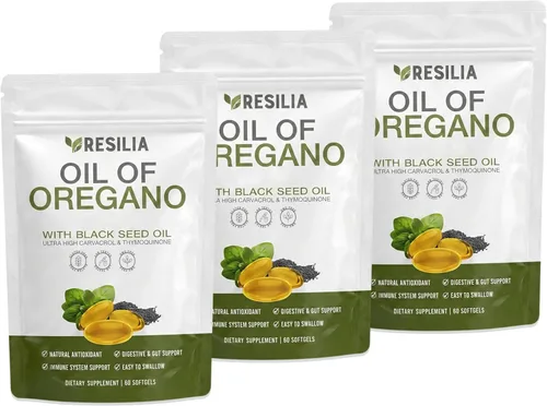 Resilia Oil Of Oregano Cápsulas blandas con aceite de semilla negra, 300 mg de extracto de orégano y 200 mg de aceite de semilla negra por porción,