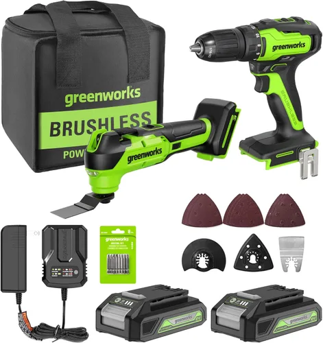 Miniatura 26 de Greenworks - Taladro de impacto inalámbrico de 24 V y kit de luz de trabajo 2 en 1 con 2 baterías de 2 Ah y cargador – Sin escobillas, liviano