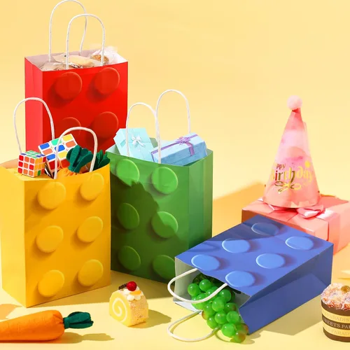 Miniatura 2 de Sabary 12 bolsas de regalo de bloques de construcción, bolsas de papel de dulces de ladrillos, bolsa de regalo con asa para bloque de construcción