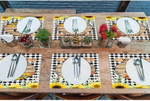 Miniatura 3 de Manteles individuales de bienvenida con diseño de girasol vintage con bandera R con inicial, 1 unidad, estilo granja, para mesa de comedor, cocina