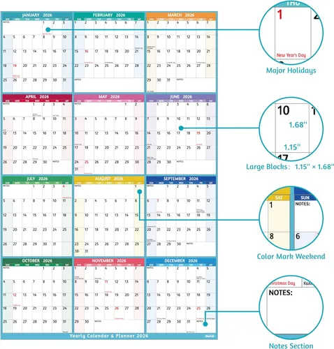 Miniatura 4 de Calendario anual de pared 2026 – Calendario anual grande 2026 vetical, enero 2026 – diciembre 2026, 25.2 x 38.2 pulgadas (abierto), calendario 2026