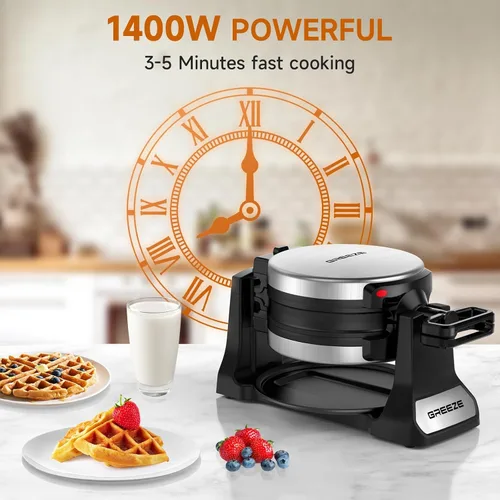 Miniatura 3 de Waflera, Waflera Belga Doble con Giro de 180°, Plancha para Wafles de 1400W para 8 Rebanadas, Placas Giratorias y Antiadherentes con Bandeja