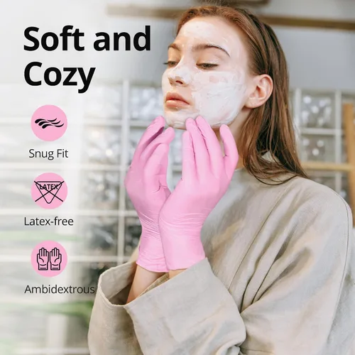 Miniatura 4 de SwiftGrip Guantes industriales desechables de nitrilo rosa, de 3 mil, sin látex, para limpieza y esteticista, sin goma, sin polvo, estuche de 1000