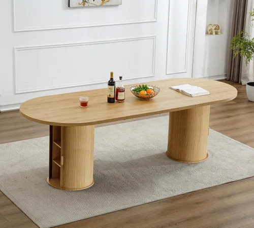 Mesa de comedor redonda extensible de 94 pulgadas con base de almacenamiento, mesa de comedor expandible natural para 10, mesa de comedor de madera
