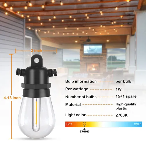 Miniatura 3 de DGE - Cadena de luces LED exteriores, impermeable e inastillable IP65, adorno de patios, jardines, glorietas, porches, luz blanca tenue