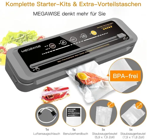 Miniatura 6 de MegaWise Máquina selladora al vacío de alimentos – Succión de alta potencia de 80 kPa, operación de un solo toque, cortador integrado – Funciona