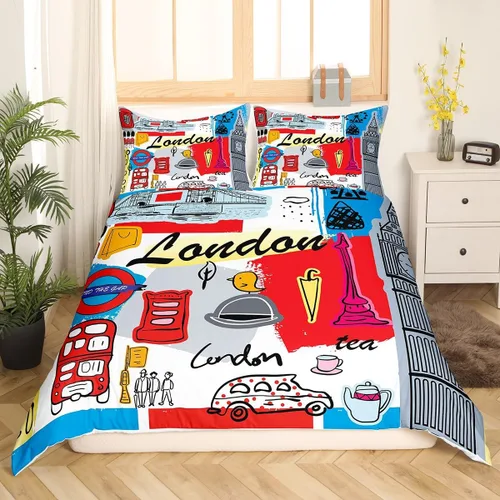 Miniatura 2 de Feelyou Juego de ropa de cama con temática londinense, funda de edredón para cabina telefónica retro roja para niños, paisaje histórico europeo