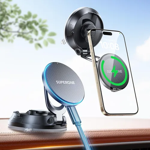 SUPERONE Cargador de coche MagSafe, cargador de coche inalámbrico magnético de carga rápida de 15 W [88+LBS Ultra succión y 2800gf magnético fuerte]