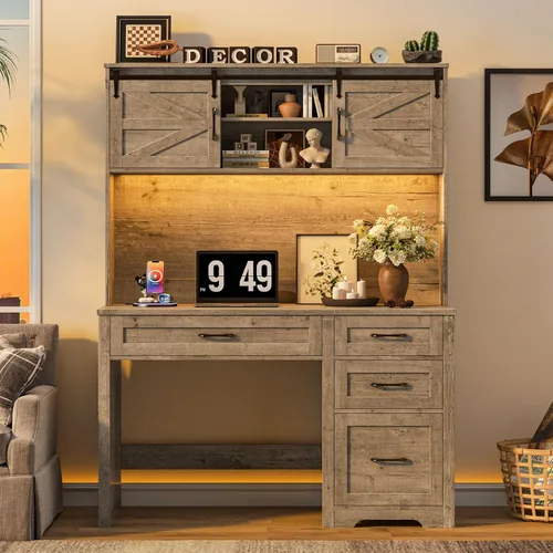 Miniatura 17 de Escritorio ejecutivo de granja de 67 pulgadas de alto con gabinete, mesa de oficina con luz LED y 4 cajones, escritorio para computadora