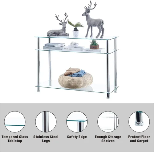 Miniatura 6 de Mesa consola de cristal plateado para entrada, moderna y cómoda mesa de sofá de vidrio de 3 niveles con patas cromadas, sala de estar, pasillo
