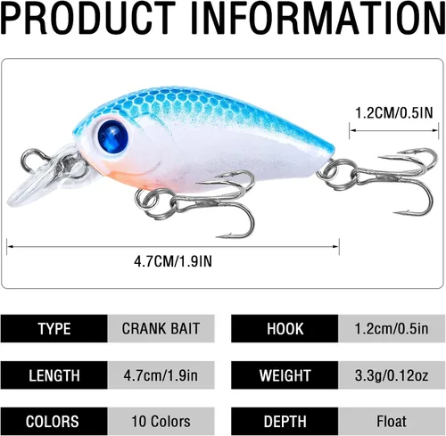 Miniatura 2 de Juego de 10 cebos para pesca de lubina, cebos duros flotantes, pesca de agua superior, para trucha, lubina, perca, salmón, agua dulce y salada, 1.9