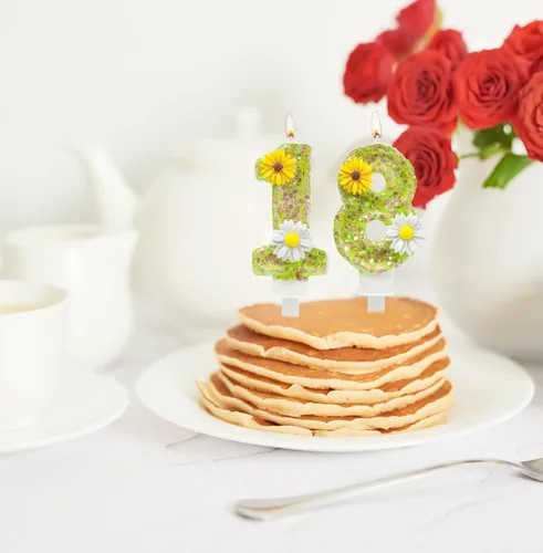 Miniatura 5 de Velas de pastel de cumpleaños 4, velas verdes número 4 con margarita, perfectas para fiestas de cumpleaños o celebraciones de vacaciones