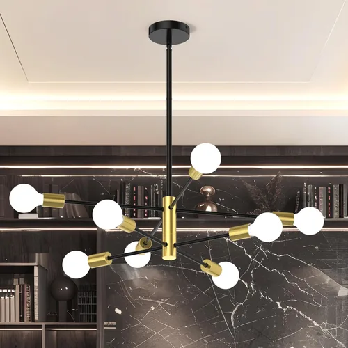 Miniatura 17 de Candelabros Sputnik Modernos para Comedor, Altura Ajustable Semi Empotrado Negro y Dorado Candelabro Lámpara de Techo Montaje 6 Luces Mediados
