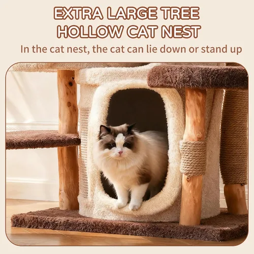 Miniatura 7 de RPZ Árbol para gatos de madera maciza de lujo de 54.7 pulgadas para gatos pequeños a medianos, poste rascador de madera natural con rama real