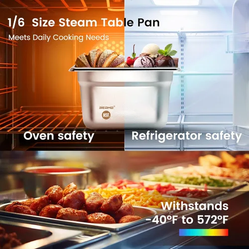 Miniatura 7 de BIEAMA Paquete de 6 bandejas de hotel, 1/6 tamaño 4" de profundidad, NSF, bandeja comercial de acero inoxidable, bandeja de mesa de vapor, bandeja