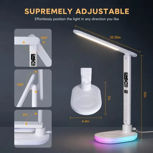 Miniatura 8 de Lámpara de escritorio LED con carga inalámbrica QI de 10 W, lámpara de mesa Flexo con 3 colores y 5 niveles de brillo con función de carga, USB
