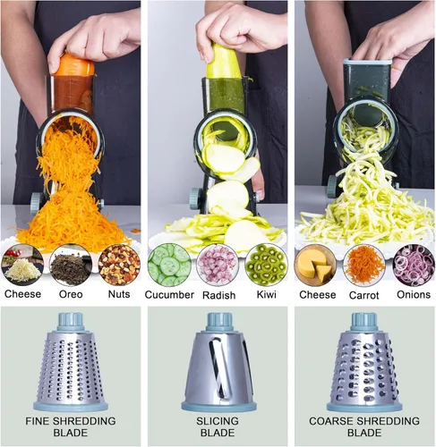 Miniatura 4 de Rallador Giratorio de Queso Triturador de Queso, Rallador de Queso de Mano con Base de Succión Fuerte, Rebanador de Verduras de Cocina, 3 Cuchillas