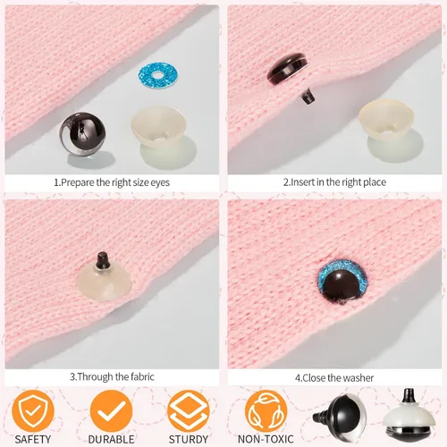 Miniatura 4 de 120 ojos de seguridad con purpurina 3D de 0.394 pulgadas para ganchillo con arandelas, ojos amigurumi de ganchillo luna, ojos para animales