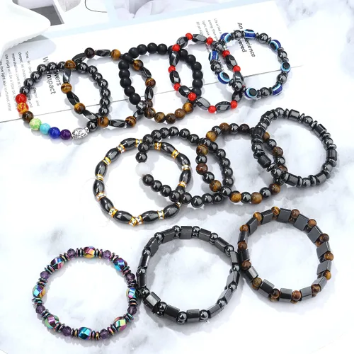 Miniatura 5 de THUNARAZ Juego de 12 pulseras magnéticas de hematita para hombres y mujeres, pulsera de piedra de ojo de tigre, regalo de alivio de Stree