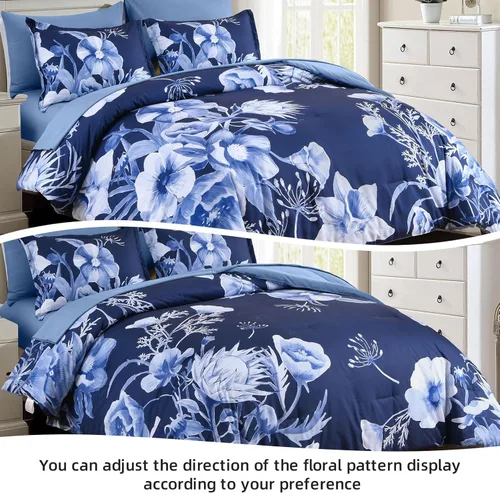 Miniatura 4 de Luxudecor Juego de edredón floral tamaño King de 7 piezas, cama de flores azul marino en una bolsa, elegante edredón floral con juego de sábanas